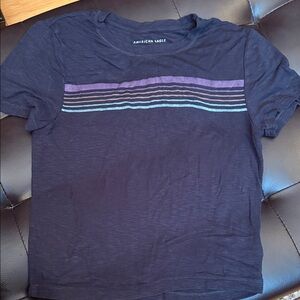 American Eagle Outfitters Navy T-Shirt with Purple and Light Blue Stripes